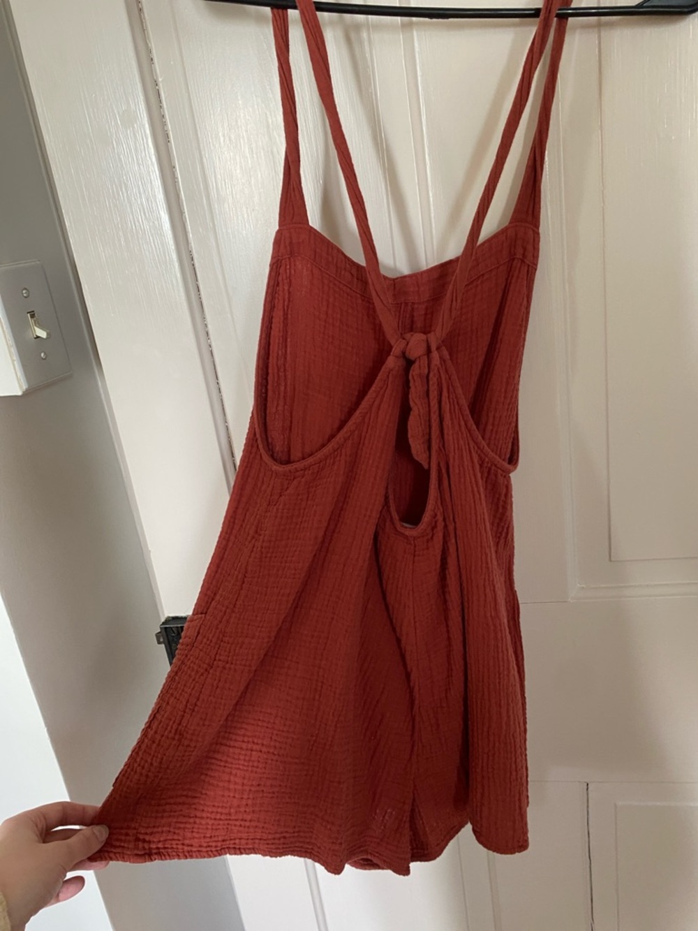 Rust Red Textured Romper with Front Pockets 100% cotton